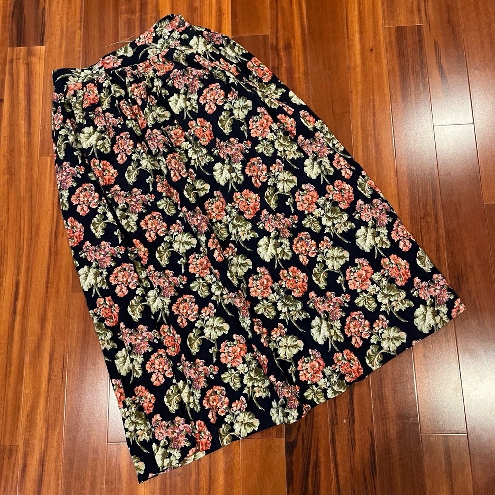 Vintage Herman Geist Floral Print Corduroy Skirt A-line Long Midi‎ Size 12